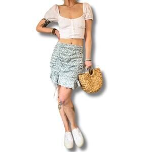 Cottagecore 2Pc Outfit Set Floral Ruched Mini Skirt /Eyelet Puff Sleeve Top Sz/4